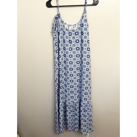 Loft Tiled Strappy Flounce Maxi Dress Linen Boho Blue Women's Medium Tiered - Picture 7 of 8